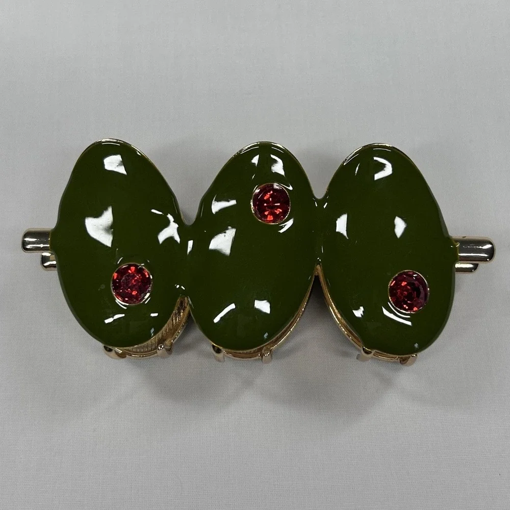 Green Martini Olive Hair Claw Clip Pimento Red Rhinestone Gold Metal Jaw